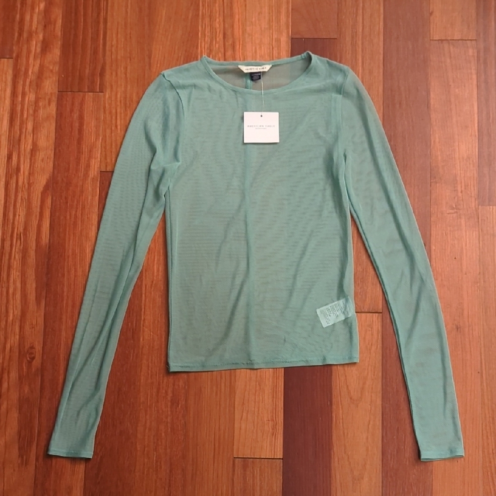 American Eagle Mesh Long Sleeve Top Size XS Teal Y2K Fall Layering